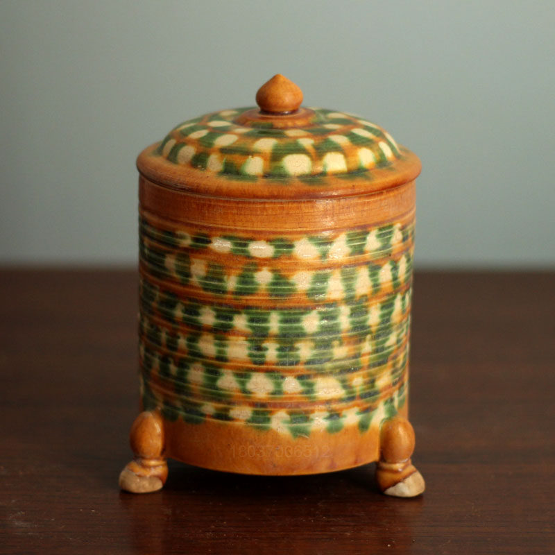 唐代奁摆件仿古三彩釉陶奁古代器皿陶罐酒店玄关复古装饰摆件礼品