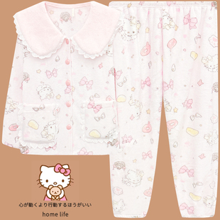 娃娃领睡衣秋冬女款加厚珊瑚绒保暖可爱HelloKitty卡通家居服冬天