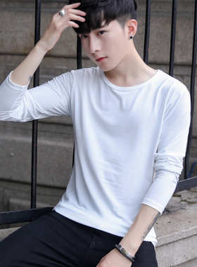 春秋季男士纯色圆领打底衫男长袖t恤修身白色潮流衣服男装体恤