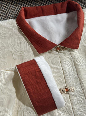 西辞记杏色玫瑰加绒立领袄日常上班弓袋袖提花面料秋冬汉服外套