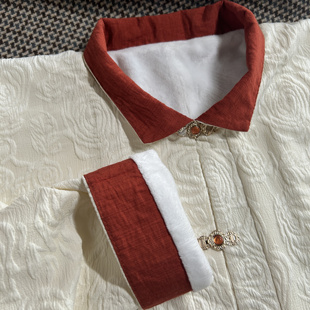 西辞记杏色玫瑰加绒立领袄日常上班弓袋袖提花面料秋冬汉服外套