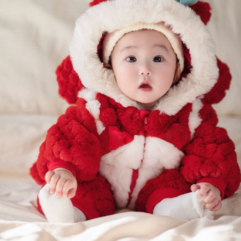 婴幼儿拜年服冬季连体衣加绒加厚外出0-1岁男女宝宝冬装保暖喜庆2