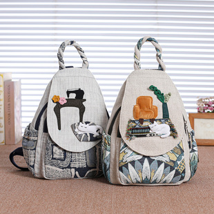 新款 帆布背包轻便休闲日系猫咪编织包 小清新布艺小双肩包亲子竖款