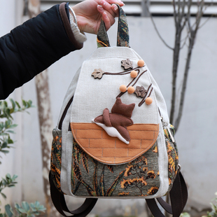 新款 简约轻便女包 小清新帆布双肩包手工原创百搭休闲亲子背包竖款