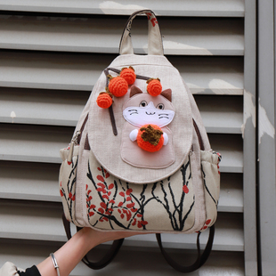 小清新立体柿子猫咪帆布背包原创简约百搭手工设计轻便竖款 双肩包