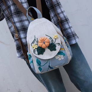 原创小众迷你百搭淡雅双肩包小清新手工编织超轻竖版 帆布立体背包