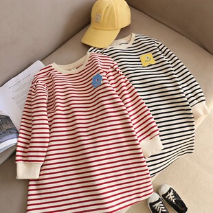 【季】女童条纹连衣裙春秋长袖T恤衣韩版中童运动风棉质裙子