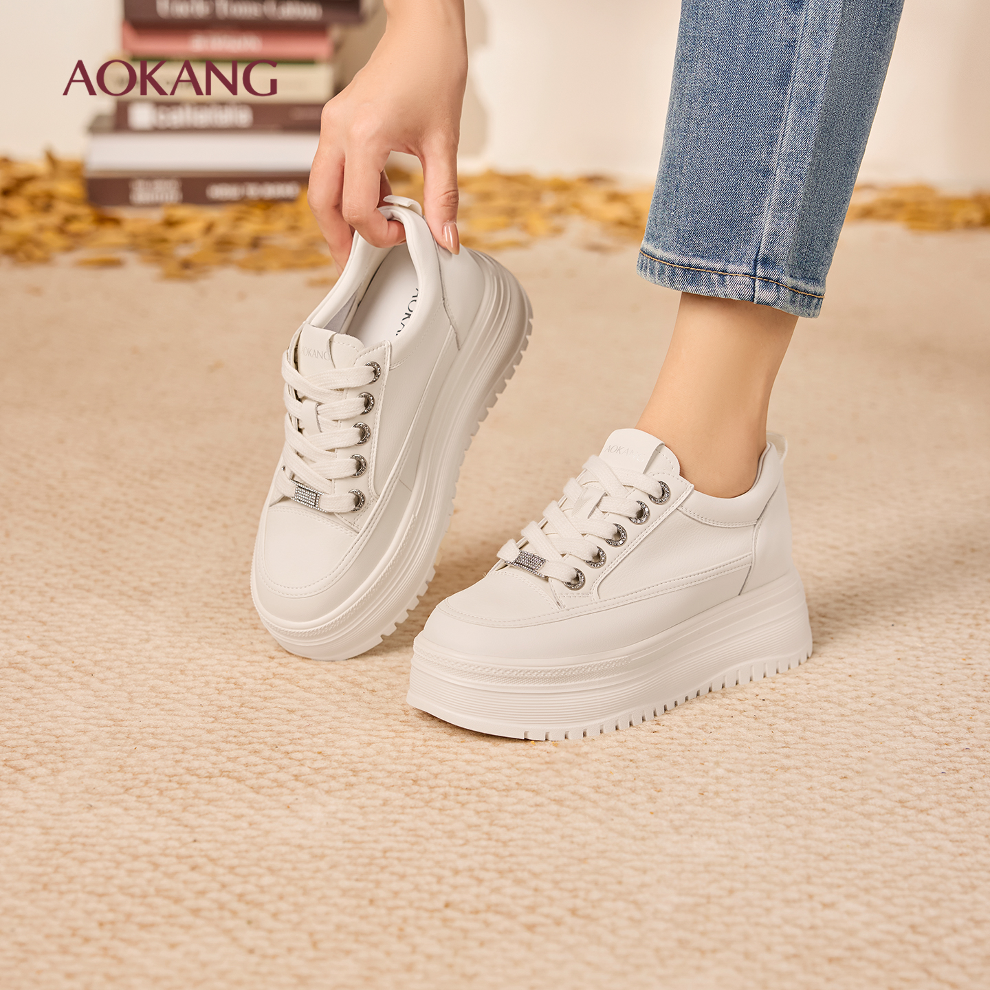奥康 女鞋2025秋季板鞋圆头内增高系带小白鞋休闲运动门店发货