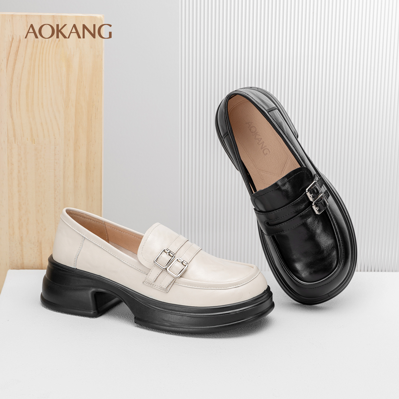 奥康 女鞋2025秋季乐福鞋真皮舒适粗跟英伦风百搭厚底鞋