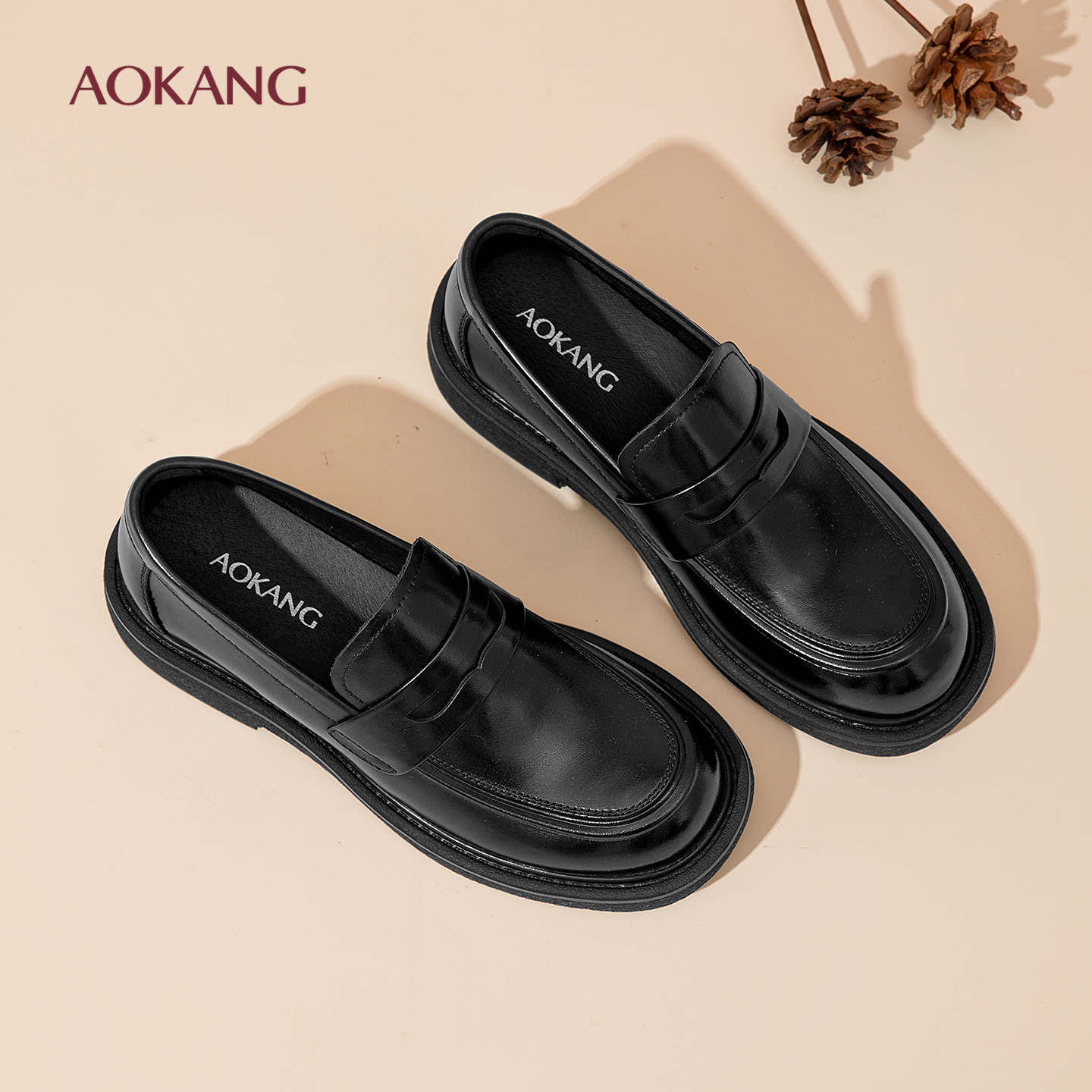 奥康 女鞋2026春季新款真皮软底乐福鞋粗跟舒适休闲皮鞋N