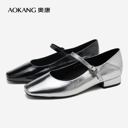 奥康真皮方头通勤一字带玛丽珍鞋