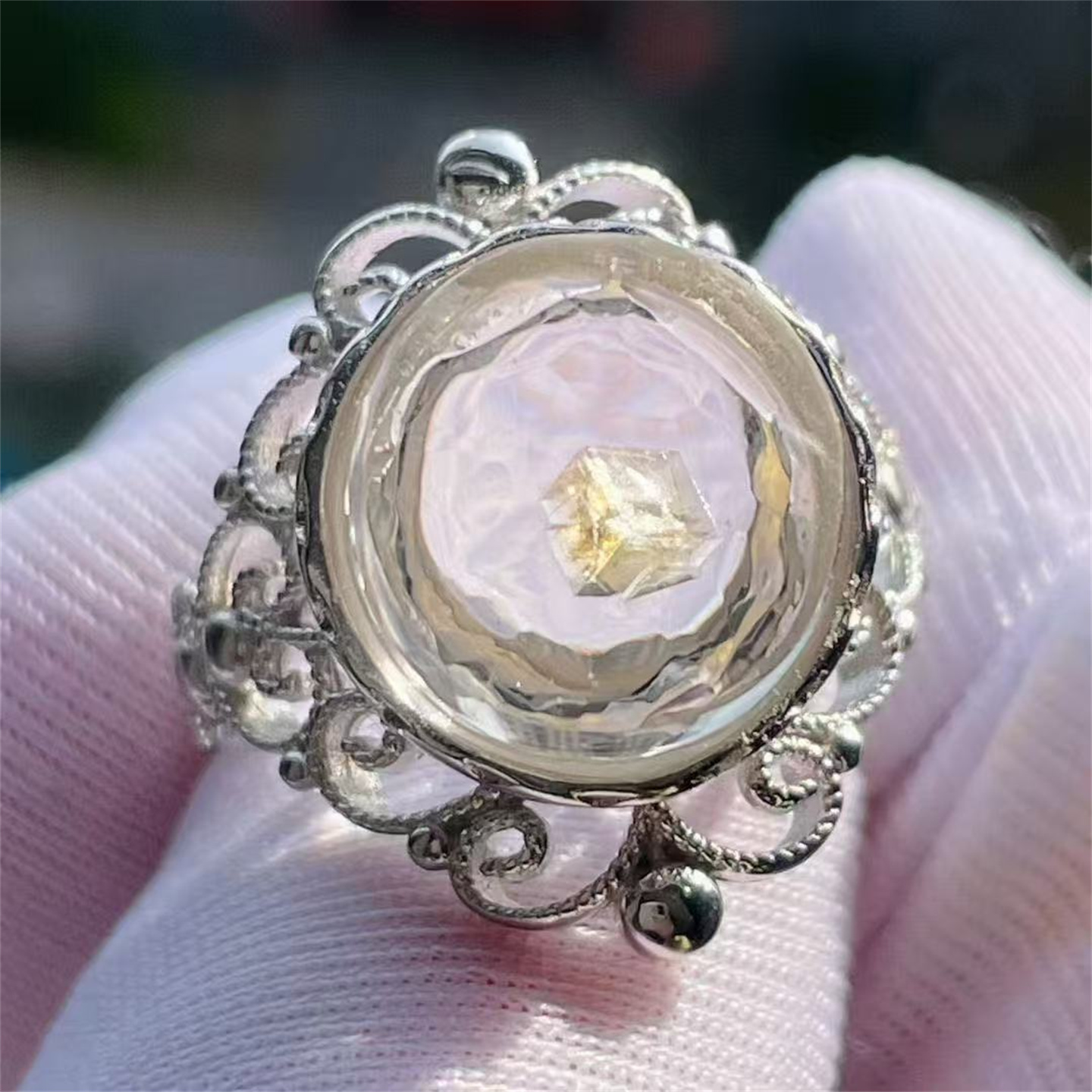 天然水晶包裹透体黄立方矿物颗粒奇石银镶嵌戒指环活口可调节礼物