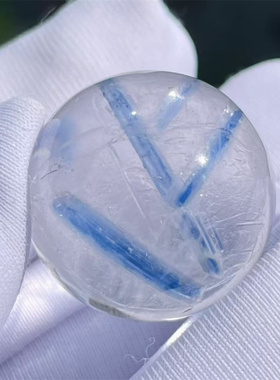 天然水晶全包裹稀有蓝色系矿物奇石圆珠18mm把玩项链挂件吊坠