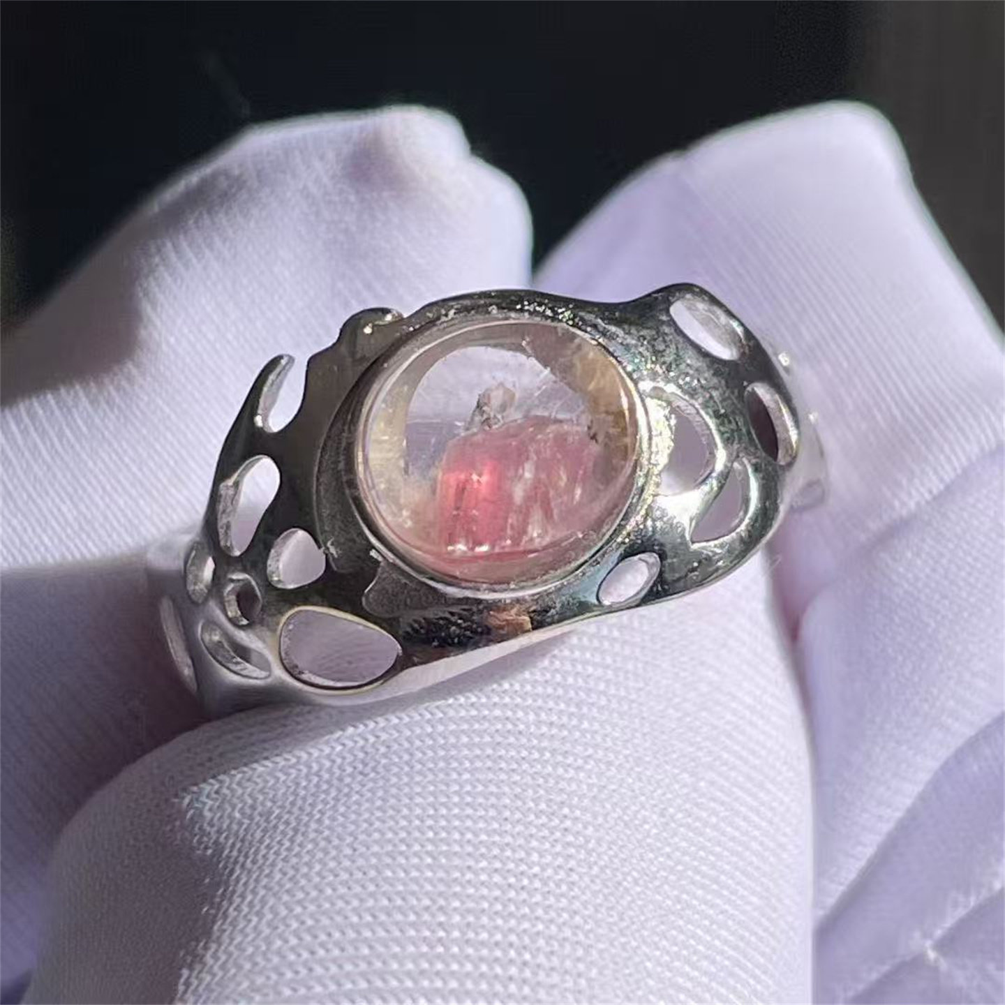 天然水晶粉碧玺矿物裸石银镶嵌戒指活口可调节饰品礼物一物一图款,饰品/流行首饰/时尚饰品新,戒指/戒面,淘宝优惠券,粉丝福利购,淘宝优惠卷