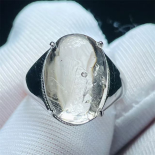 天然水晶全包裹流动水胆异象裸石银镶嵌戒指圈口可调节饰品礼物