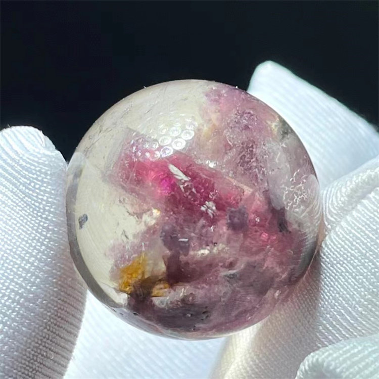 天然水晶包裹紫云母红碧玺矿物晶柱稀有奇石异象圆珠项链挂件吊坠