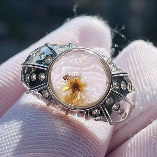 天然水晶金发花朵裸石银镶嵌戒指活口可调节饰品礼物一物一图款