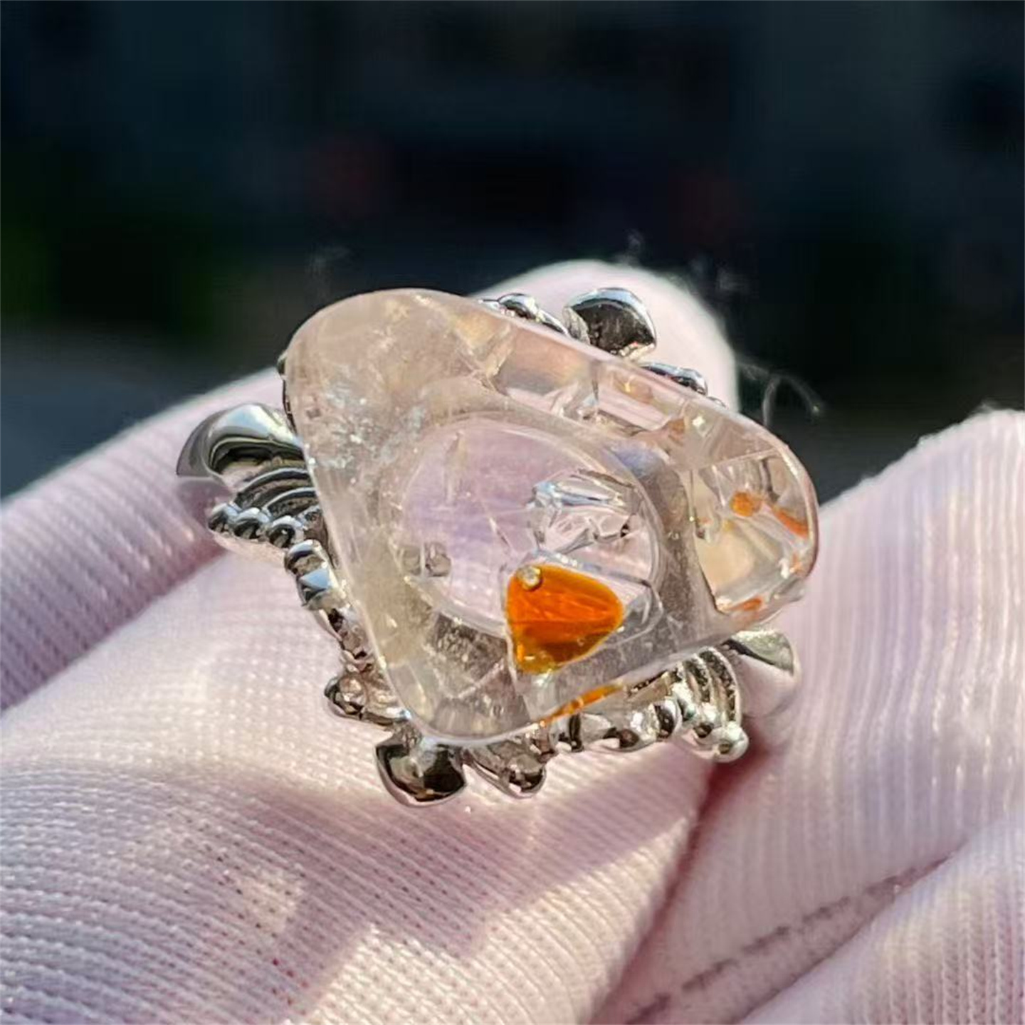 天然水晶全包裹油水胆异象裸石银镶戒指活口可调饰品礼物一物一图