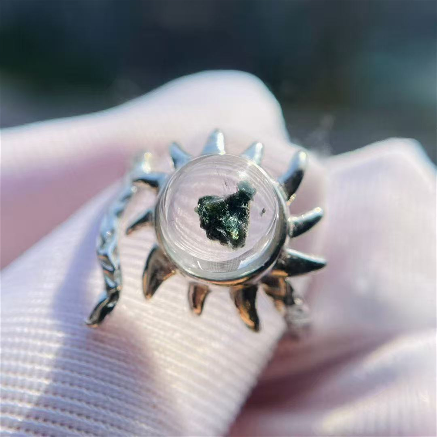 天然水晶包裹权杖花束绿色矿物圆珠8mm银镶戒指活口可调饰品礼物