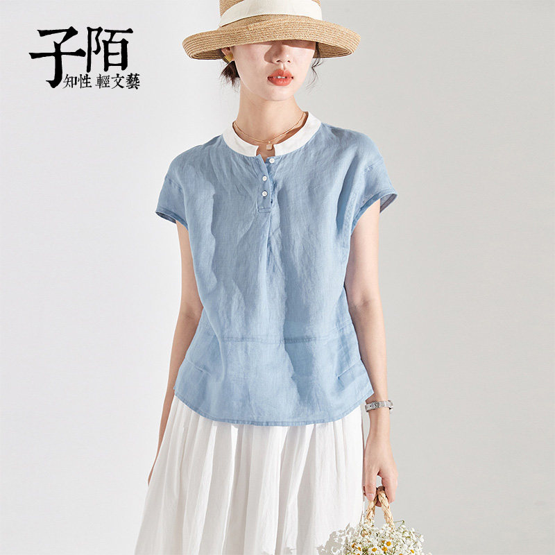 设计师进口亚麻拼色衬衫