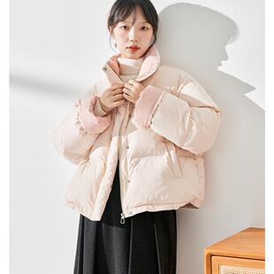 子陌多巴胺色系厚款拼色百搭宽松款短款羽绒服女