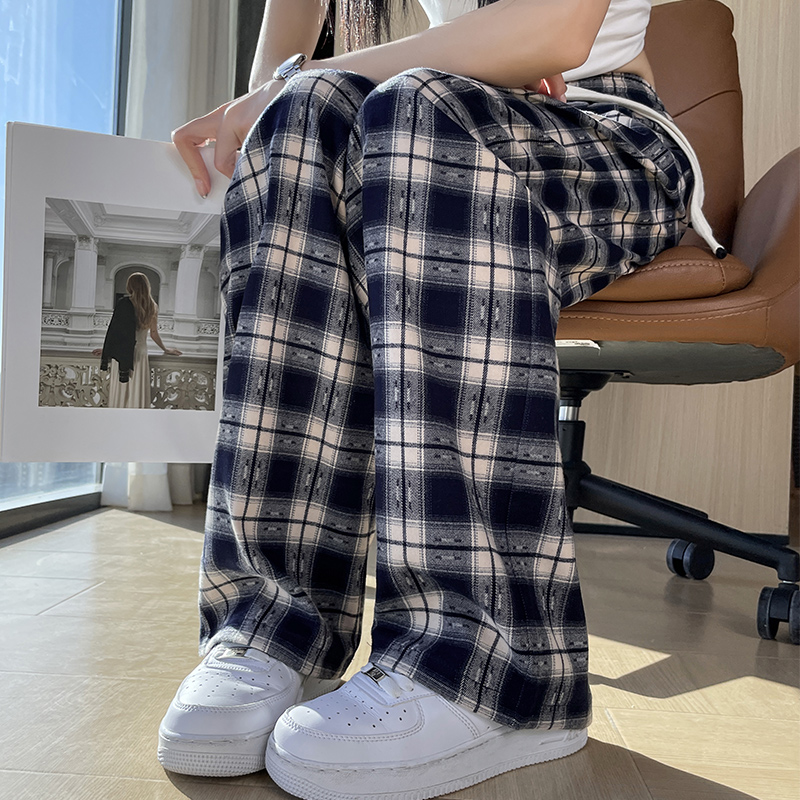 春季黑白格子窄版阔腿裤女初中高中学生大码小个子休闲运动直筒裤