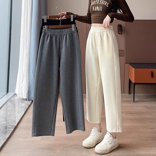 秋冬季加绒加厚八分直筒裤女初中高中学生小个子九分太空棉休闲裤