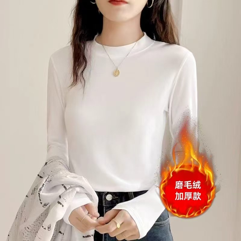 秋冬季小立领磨毛加绒长袖T恤女初中高中学生内搭打底衫修身上衣