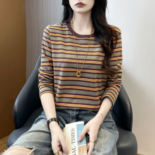 春秋装纯棉长袖T恤女初中高中学生上衣服宽松大码条纹打底衫外穿