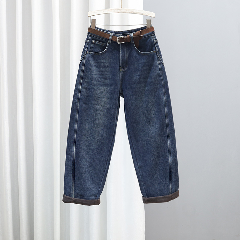 2025秋冬季加厚牛仔裤女加绒保暖拼接百搭哈伦裤高腰显瘦老爹裤潮