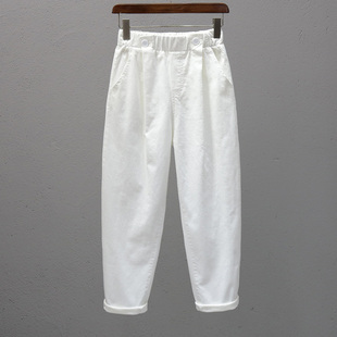 女2025宽松显瘦高腰直筒9分老爹哈伦裤 春夏新款 松紧腰白色休闲裤