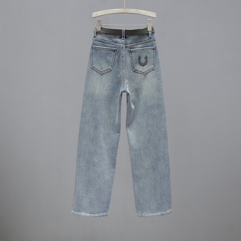 口袋笑脸绣花加绒加厚冬季新款高腰牛仔裤女浅蓝色宽松显瘦直筒裤,女装/女士精品,牛仔裤,淘宝优惠券,粉丝福利购,淘宝优惠卷