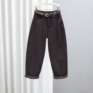 长裤 百搭宽松显瘦加绒哈伦裤 子 女老爹裤 2025秋冬加厚咖啡色牛仔裤