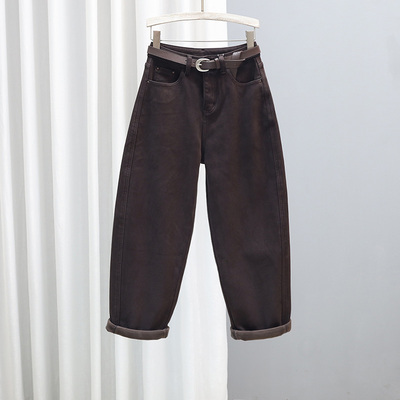 秋冬加厚咖啡色牛仔裤女老爹裤