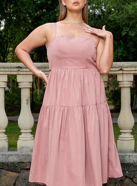 2023夏季新亚马逊欧美大码女装性感气质长款连衣裙蝴蝶结吊带长裙