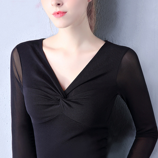 长袖 性感V领交叉黑色网纱打底衫 修身 2018秋新款 内搭上衣 女装