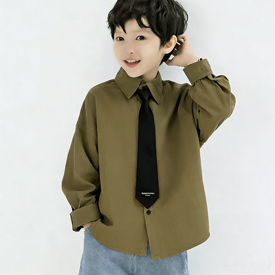 儿童2026新款长袖纯棉橄榄棕衬衫男童春秋衬衣中大童舒适百搭亲肤