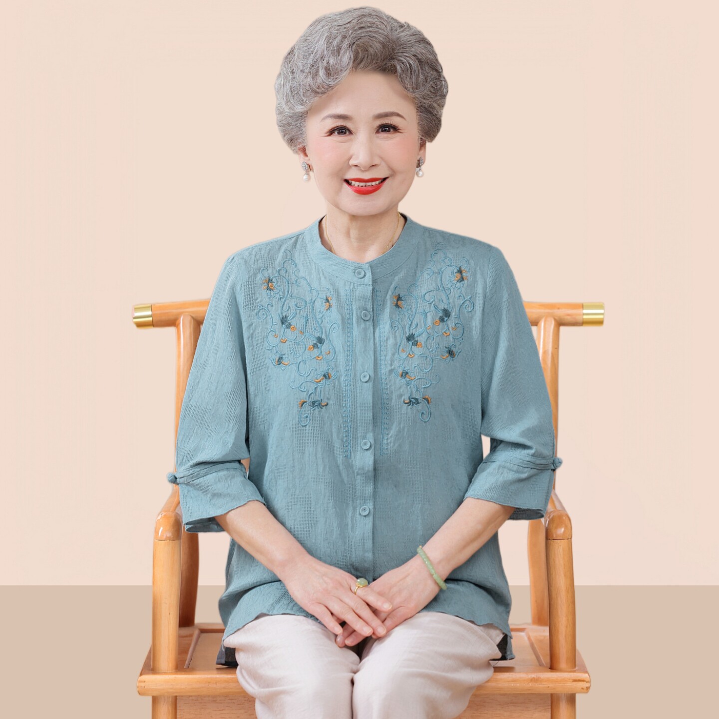 中老年女装夏季中袖衬衫妈妈棉麻中老年女装