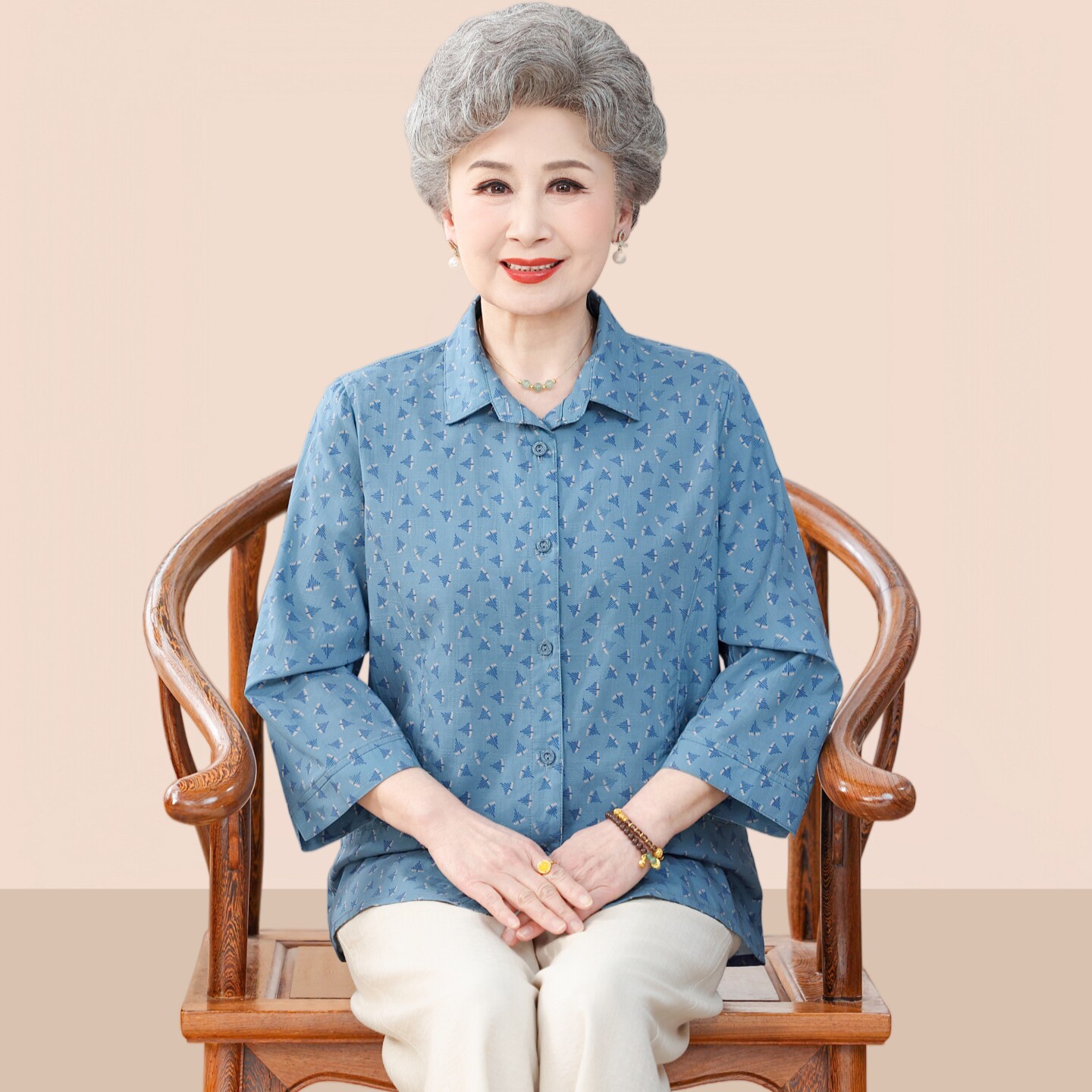 中老年人女装纯棉衬衫妈妈装长袖中老年女装
