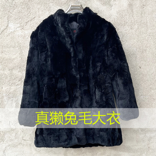 秋冬真毛皮草外套女款 高领大衣 獭兔皮毛一体连帽加大码 立领中长款