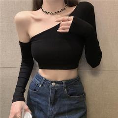 辣妹纯欲风斜肩露肩长袖t恤女春夏设计感小众紧身漏肚脐短款上衣