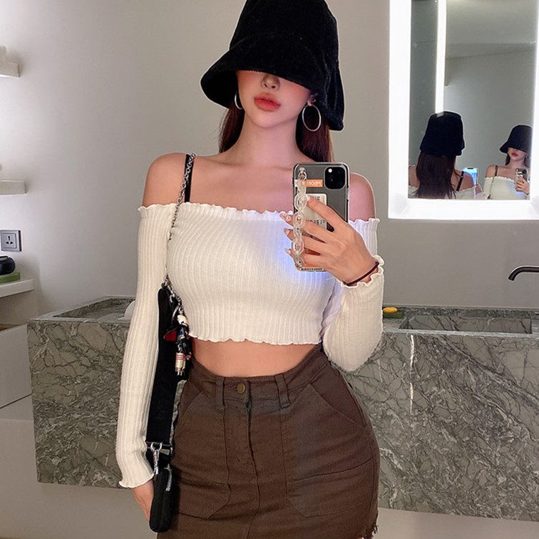 木耳边露脐短上衣衣服ins露肩t恤