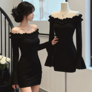 喇叭袖 辣妹修身 露肩加厚包臀短裙 纯欲风一字肩连衣裙2025新款 法式