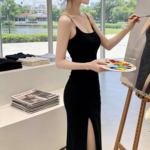 纯欲风包臀性感无袖细吊带连衣裙女修身收腰侧开叉中长款辣妹裙棉