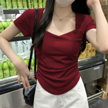 多巴胺方领正肩短袖t恤女夏季桃心领修身显瘦不规则螺纹棉短上衣