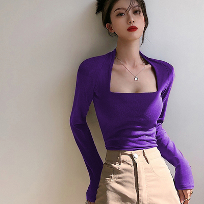 长袖修身常规方领纯棉女紫色