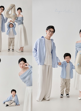 小红书全家福摄影服装家庭装三口亲子装影楼拍照套装清新蓝色衬衣