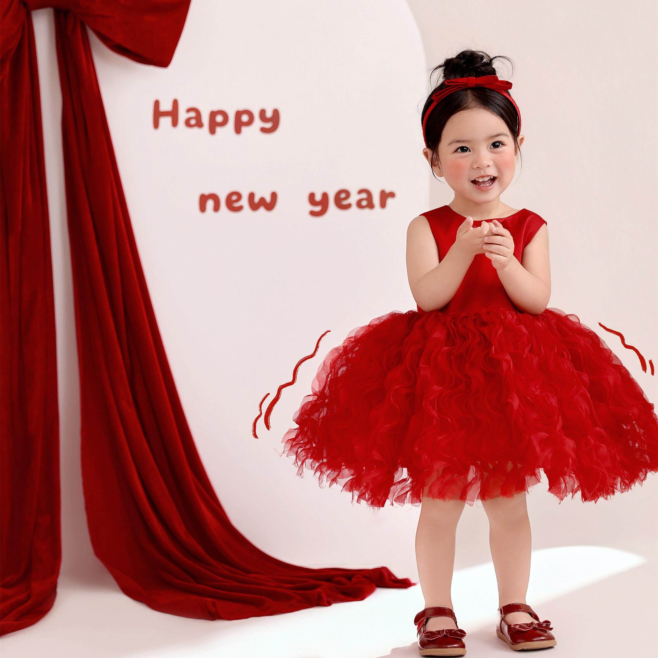 女童红色网纱蛋糕裙高端礼服裙