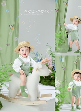 儿童摄影服装新款春天绿色男女宝宝周岁照拍照服装一岁生日礼服