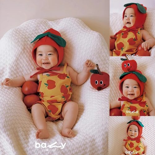 满月照摄影道具衣服婴儿装番茄主题百天照新生儿摄影百日半岁服装